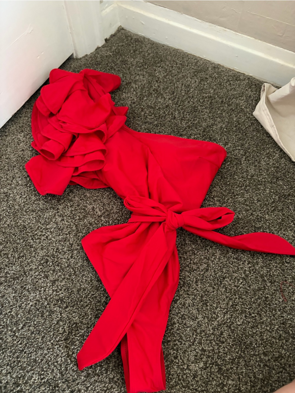 Bright Red One-Shoulder Ruffle Bikini Top with Tie